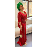 The Long Velvet Red Dress with Gold Stones