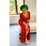 The Long Velvet Red Dress with Gold Stones