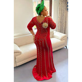The Long Velvet Red Dress with Gold Stones