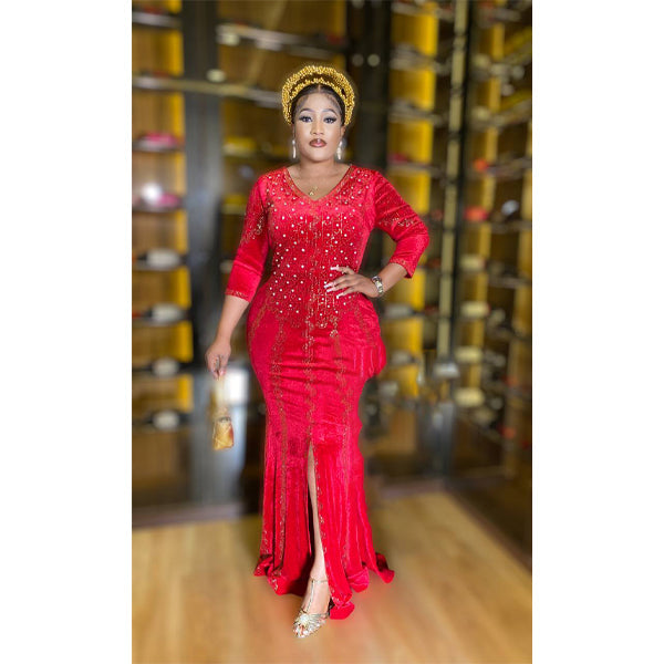 The Long Velvet Red Dress with Gold Stones