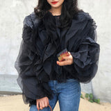 Black Elegant Patchwork Ruffles Chiffon Blouse