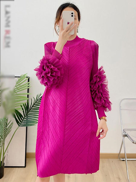 Pink Ruffles Sleeves Pleated Dress