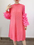 Rose Pink Ruffles Sleeves Pleated Dress