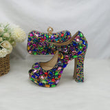 Multi-Coloured Crystal Thick High Heel and Bag