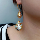Phatbird natural Cultured White Pearl Teardrop Shape Blue Earrings