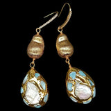 Phatbird natural Cultured White Pearl Teardrop Shape Blue Earrings