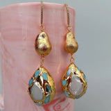 Phatbird natural Cultured White Pearl Teardrop Shape Blue Earrings