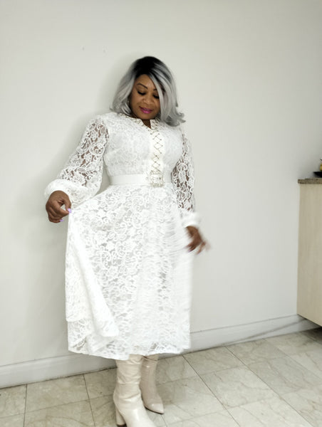 Phatbird White Lace Belted Midi Dress
