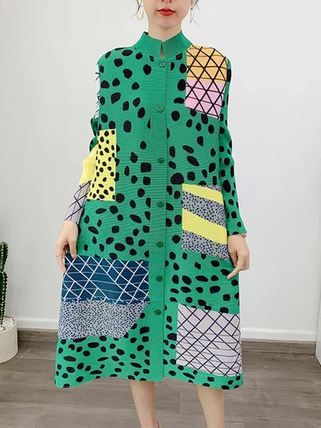 Green Phatbird Pleated Contrast Colour Leopard Printed Dress