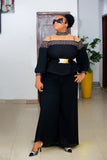 PHATBIRD matching Bejewelled faux bardot neck top and culottes trousers with belt.