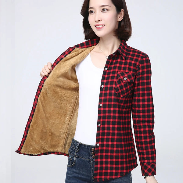 Phatbird  Winter New Women's Warm Plaid Shirt Coat Casual Fleece Velvet Plus