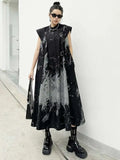 Black Pattern Printed One-Size Midi Sleeveless Shirt Dress