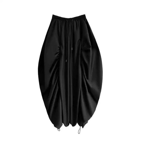 Elastic Waist Black Wide Leg Arc Ankle Length Trousers)