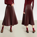 Faux Leather Pleated Woman A-Line Midi Skirt Retro Fashion