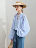Stripe Loose Drop Lantern Sleeve Chiffon Blouse