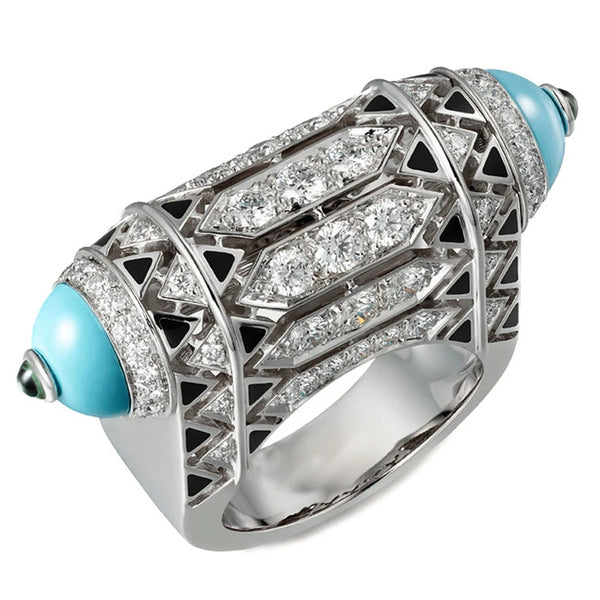 Sterling Silver Turquoise Blue Carbon Diamond Coral Decorative ArtDeco Ring