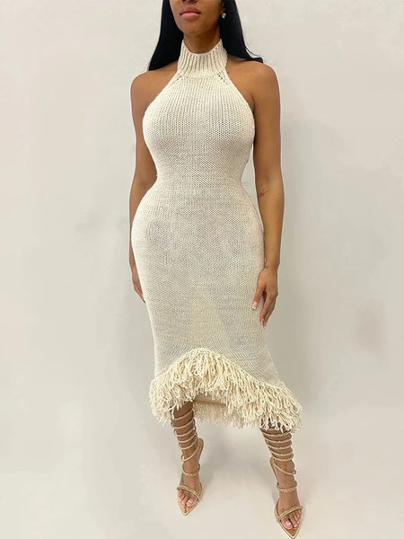 (Turtle-Neck Mid-Calf Knit Dress) Backless