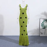 Phatbird Sexy See Through Knitted Maxi Dress Hollow Out Deep Neck Pot Robes Tassel Hem Fork Party