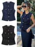 Phatbird Fashion Tweed Belt Waistcoat O Neck Single Breasted Sleeveless