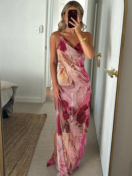 (Floral Print Ankle-Length Backless dress)