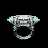Sterling Silver Turquoise Blue Carbon Diamond Coral Decorative ArtDeco Ring