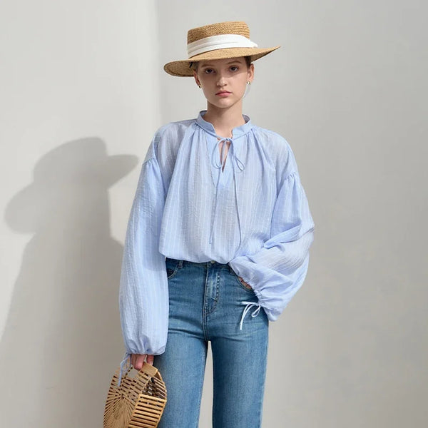 Stripe Loose Drop Lantern Sleeve Chiffon Blouse