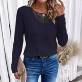 Phatbird Solid Crew Neck Cut Out T-Shirt Elegant Ribbed Long Sleeve Contrast Lace