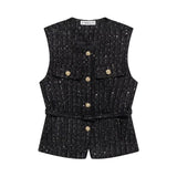 Phatbird Fashion Tweed Belt Waistcoat O Neck Single Breasted Sleeveless