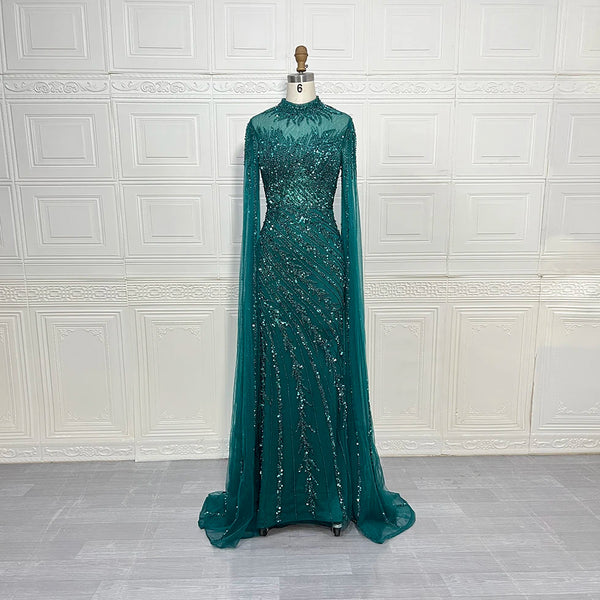 Phatbird Luxury Saudi Arabia Mermaid Beaded Cape Sleeves High-Neck Evening Dress