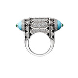 Sterling Silver Turquoise Blue Carbon Diamond Coral Decorative ArtDeco Ring