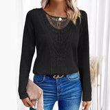 Phatbird Solid Crew Neck Cut Out T-Shirt Elegant Ribbed Long Sleeve Contrast Lace