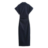 Phatbird Spring New 1975 series denim MIDI dress with lapel side zipper fashion wrinkle waist slim elegant dress