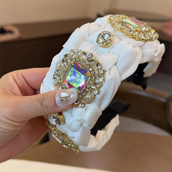 Phatbird Women Green White Twist Braided Hair Bands Fashion Braids Hair Accessories Women Crystal Wide Headband Stretch for Party