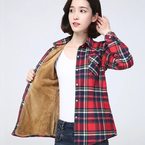 Phatbird  Winter New Women's Warm Plaid Shirt Coat Casual Fleece Velvet Plus