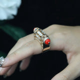 Sterling Silver Coral Carbon Diamond Coral Decorative ArtDeco Ring