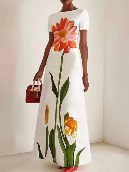 Phatbird Summer Latest Women's Fashion Flower Printed Dress Round Neck