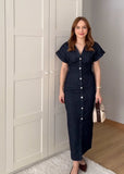 Phatbird Spring New 1975 series denim MIDI dress with lapel side zipper fashion wrinkle waist slim elegant dress