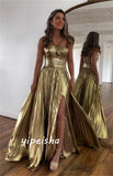 Metallic gold long Slit Pleated prom dress