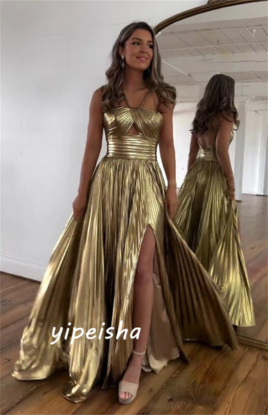 Metallic gold long Slit Pleated prom dress
