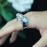 Sterling Silver Turquoise Blue Carbon Diamond Coral Decorative ArtDeco Ring