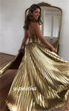 Metallic gold long Slit Pleated prom dress