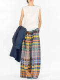 Women Vintage Plaid High Waist Wide Leg Pants Spring Summer Loose