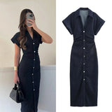 Phatbird Spring New 1975 series denim MIDI dress with lapel side zipper fashion wrinkle waist slim elegant dress