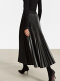 Faux Leather Pleated Woman A-Line Midi Skirt Retro Fashion