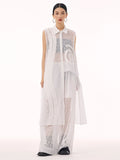 Fish-Net Sleeveless Over-Size Long Elegant Shirt Dress)