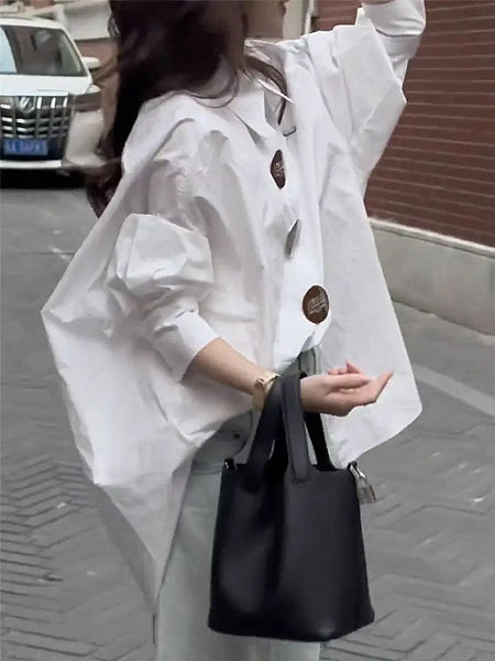 Oversized Lantern Sleeve Cotton Button-Up Shirt