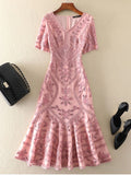 AELESEEN Runway Fashion Women Embroidery Dress Luxury Summer V-Neck Flower Sequined Elegant Long Trumpet Party Vacation