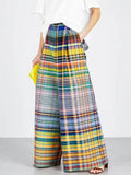 Women Vintage Plaid High Waist Wide Leg Pants Spring Summer Loose