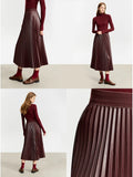 Faux Leather Pleated Woman A-Line Midi Skirt Retro Fashion