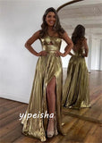 Metallic gold long Slit Pleated prom dress